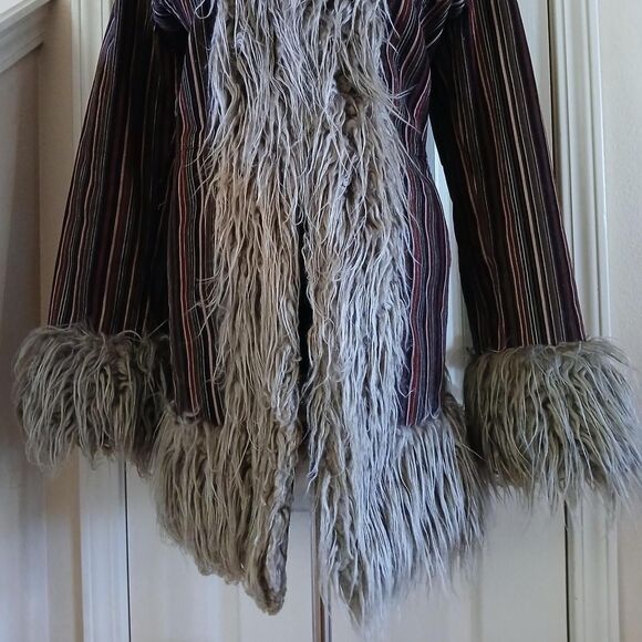 Y2K 90s Vintage Taunt Penny Lane Striped Corduroy Coat Shaggy Faux Fur Trim L - Picture 3 of 8